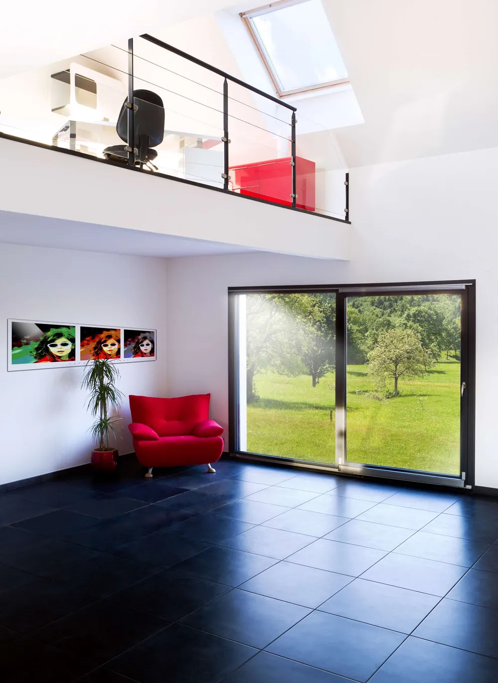 After: the same room finished with a loft railing, black tile floor and sliding patio doors